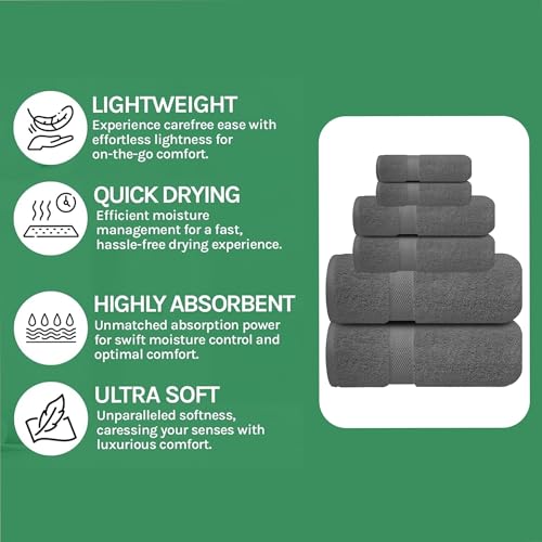 Image of Sulfar 100% Combed Cotton, 6 Pcs Towel Set - 2 Bath Towels (70 x 140 cm), 2 Hand Towels (40 x 70 cm) and 2 Washcloths (30 x 30 cm) (600 GSM, Pack of 6) Grey