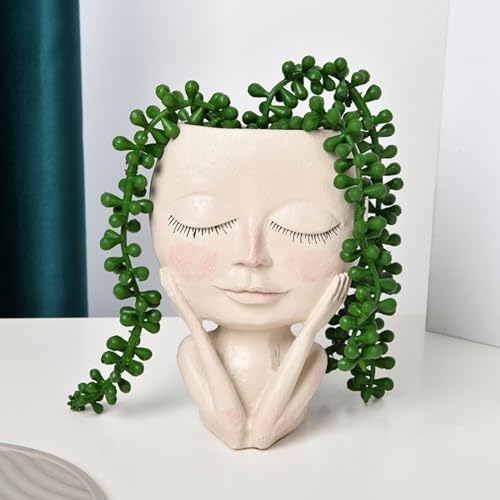 Luyi-Life Cute Girl Head Planter Pots Succulent Face Flower Pot Closed Eyes Resin Cactus Planter with Drainage Hole Indoor Outdoor Plant Pot for Home Office Decoration