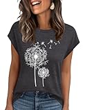 Women's Dandelion Print T-Shirts Short Sleeve Round Neck Tee Cute Graphic Shirts Summer Tops(Dark Gray Dandelion,L)