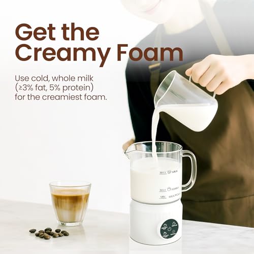 Image of 4-in-1 Electric Milk Frother and Steamer for Whole Milk, LED Touch Screen, Cold and Warm Foam Maker, Ceramic-Coated, 13.52oz for Lattes, Cappuccinos and Hot Chocolate, Auto Shut-Off, Cream White