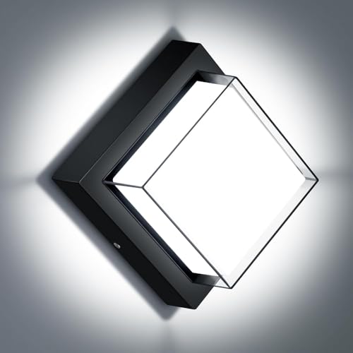 ledmo LED Wall Light Outdoor 12W, 6000K 1200LM Square Exterior Porch Lights with Cover Wall Mounted Fixture Black Modern Aluminum IP65 Waterproof for House Stairway