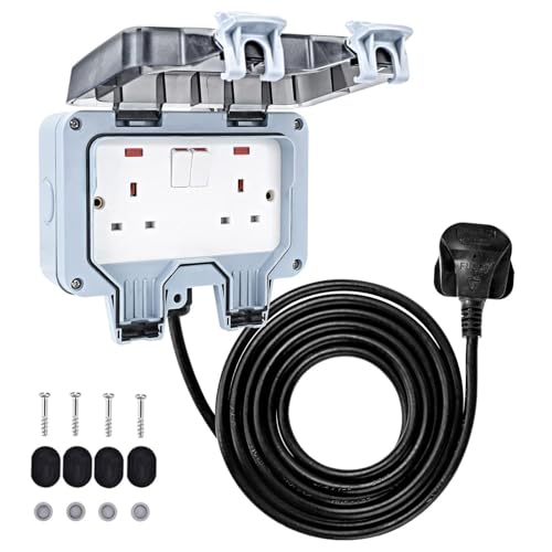 IP66 Waterproof Outdoor Double Socket with 5m Extension Lead - Switched 2 Gang External Power Outlet & Weatherproof Cover Box for Garden, Patio & Workshop (5m)