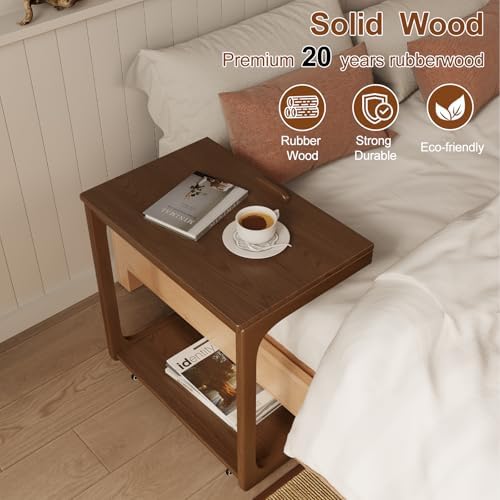 AQIMUELE Wooden C-Shaped End Table,Couch Table with Adjustable Desktop,Small Rolling Side Table with 2 Lockable Wheels 23.6" Width,Small End Table for Couch, Living Room,Bedroom (Walnut) — view 6