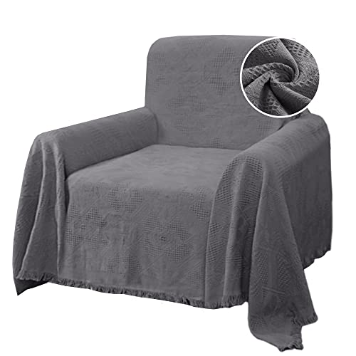 H.VERSAILTEX Cotton Sofa Covers Couch Cover Sofa Slipcover for Most Shape Sofas, Feature Thick Woven Jacquard Seamless with Tassels, Multi-Use Decorative for Couch (Medium: 71" x 91", Grey)
