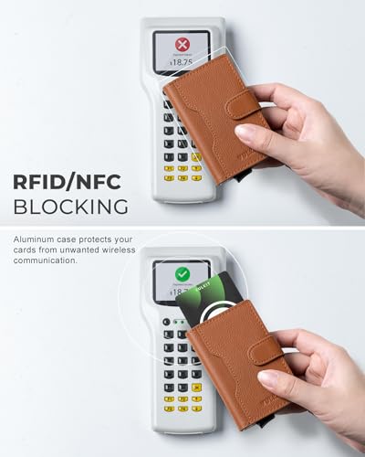 Image of VULKIT Slim Bifold Pop up Wallet Minimalist Leather Card Holder RFID Blocking Metal Card Case with ID Window for Women | with Leather Slots