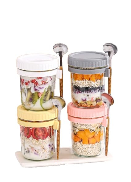 Red Dot Gift Overnight Oats Jars (4 Color (White Grey Yellow Pink) with Spoon and Lid Airtight Oatmeal Container with Measurement Marks Mason Jars with Lid for Cereal on the Go Container.