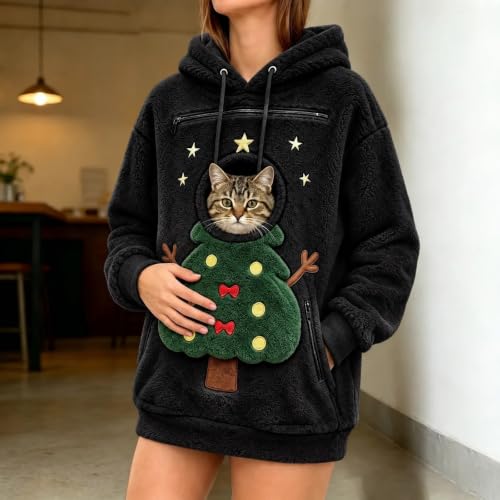 Womens Christmas Pullover Sweaters Cute Pet Pouch Winter Fleece Hoodies - image 2