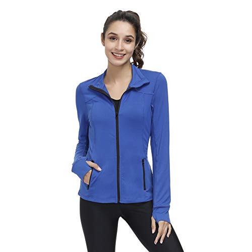 Dolcevida Womenâ€™s Lightweight Full Zip Active Wear Workout Yoga Track Jackets Athletic Running Jacket Top with Zip Pockets and Thumb Holes (Blue, XL)