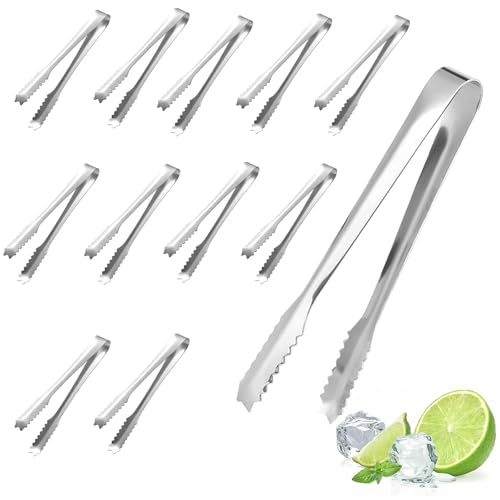 12PCS Silvery Mini Tongs - Easy to Grab Ice Cubes, Practical Kitchen Tongs for Soup, Sweet Mix, Ice Bucket & Rock Sugar Cubes