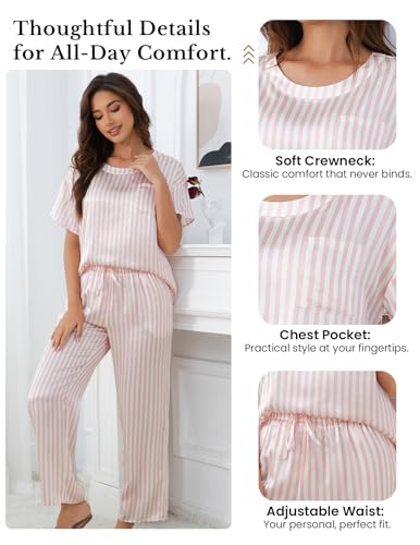 Image of THXSILK Mulberry Silk Womens Pajama Set with Pocket, 2 Piece Lounge Sets for Women, Short Sleeve Sleepwear