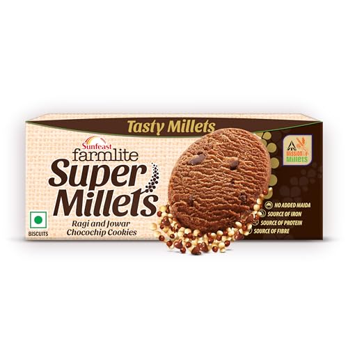 Image of sunfeast Farmlite Super Millets Ragi and Jowar Chocochip Cookies, Delightfully Tasty & Crunchy, Made with No Added Maida, Millet Biscuits, 75g