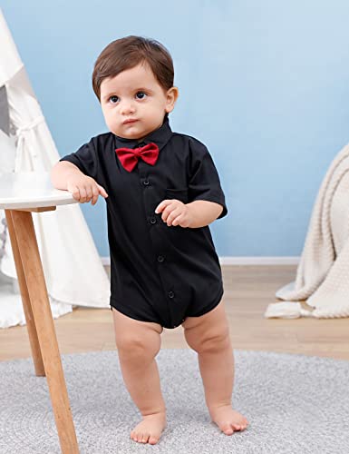 A&J Design Baby Boy Button Down Shirt Dress Bodysuit Formal Short Sleeve One Piece Gentlemen Wedding Romper 6-9 Months Black #TOP2