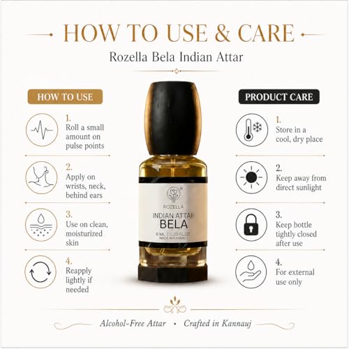 Image of ROZELLA Bela Mogra Authentic Attar for Men and Women | Floral Aroma Concentrated Perfume Oil | Traditional Fragrance Blend | Non Alcoholic Long Lasting Scent Roll On Perfume Attar | 3 ml