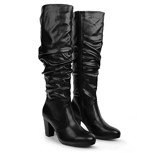 Hawkwell Women's Black White Fall Winter Chunky High-heel Side Zip Knee High Boots,Black PU,8 M US by Hawkwell - Used condition - Image 5