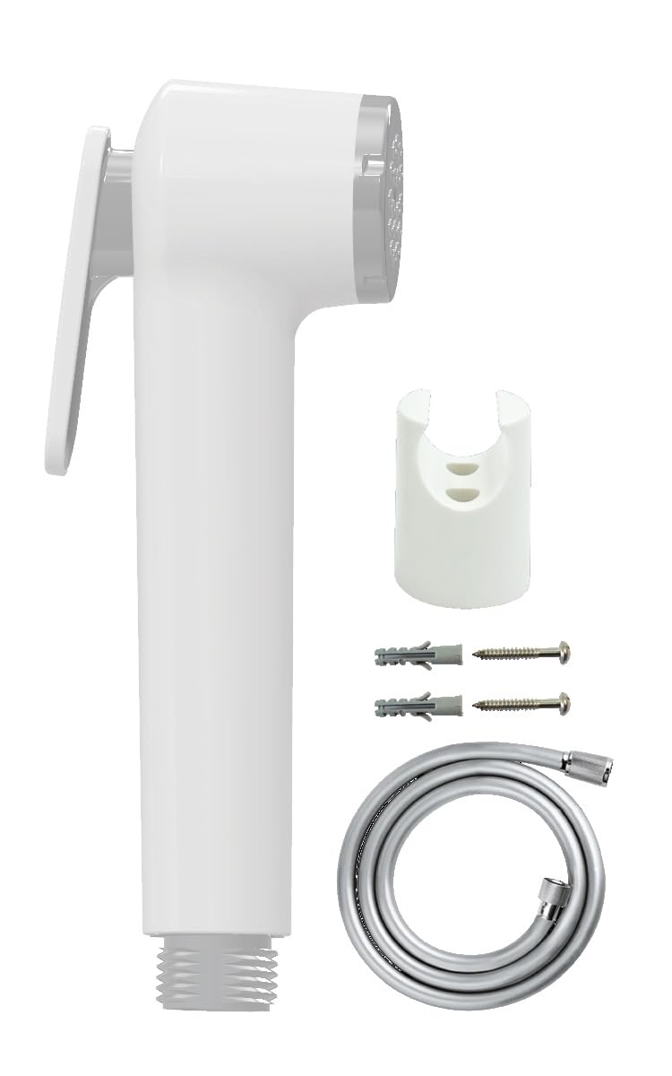 Shattaf Set - شطاف حمام - Handheld Bidet Sprayer for Toilet with Special Anti Germs and Self Lubricating Technology - White Shatafa, Silver Shower Hose, Holder and Fitting - Made in UAE