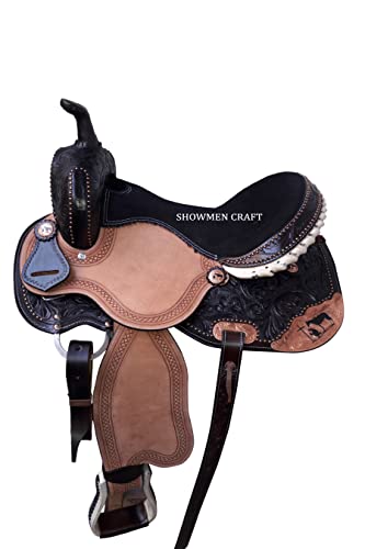 SHOWMEN CRAFT Western Saddle Barrel Selle de course avec accents de cowboy priant en cuivre avec headstall et collier (33 cm)