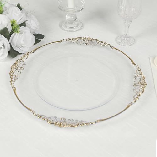 Efavormart 20 Pack Clear Gold Economy Plastic Charger Plates with Embossed Baroque Rim, Round Decorative Serving Plates - 13