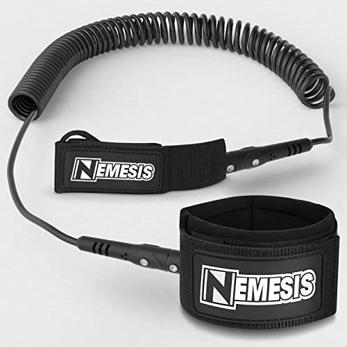 Own the Wave 'Nemesis' Premium 10' Stand Up Paddle Leash Coiled - Stainless Steel Double Swivels and Triple Rail Savers - for Paddleboarding and Surfing (Black)