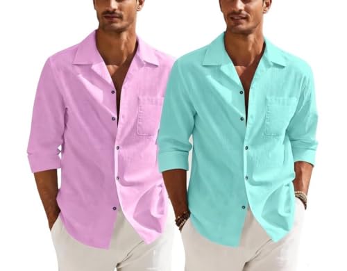 Image of Combo of Men's Casual Cotton Blend Shirt || Long Sleeve Button Down with Spread Collar | Lightweight Breathable Fabric | Stylish Solid Shirt for Beach, Office & Everyday Wear Pack of 2