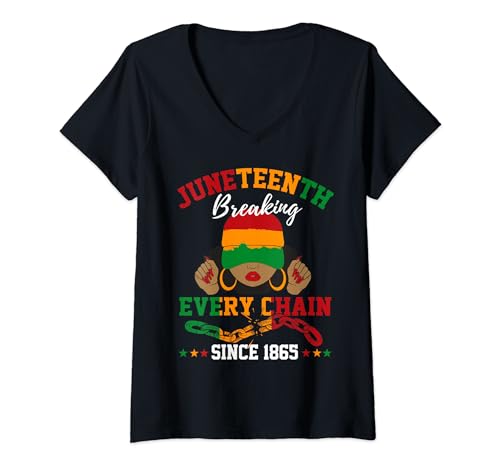 Mujer Rompiendo todas las cadenas desde 1865 Mujeres Hombres Juneteenth Libertad Camiseta Cuello V