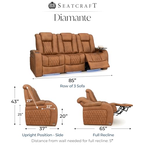 Image of Seatcraft Diamante Tawny Italian Leather Home Theater Seating, Zero Gravity Power Recliner Gaming and Home Office Chair, Powered Headrest Lounge Sofa Furniture for Cinema Room, Row of 3 Sofa