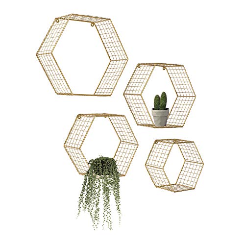 Kimisty Set Of 4 Gold Hexagon Wall Shelves, Floating Honeycomb Wire Wall Mounted Shelf, Geometric Octagon Mesh Shelves, Boho Deep Gold Metal Shelving #TOP3