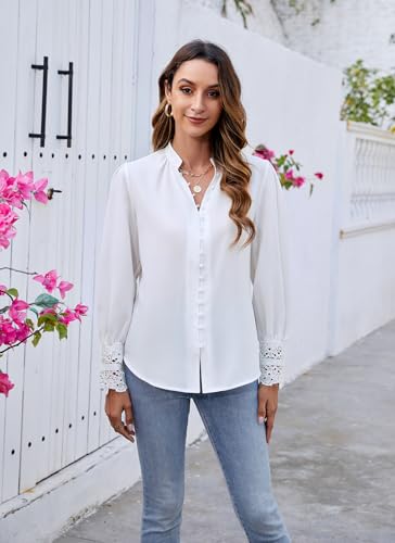 Neweek Womens Button Down Shirts Lace Cuff Long Sleeve Chiffon Dressy Tops Band Collar Fall Business Casual Blouses 20252