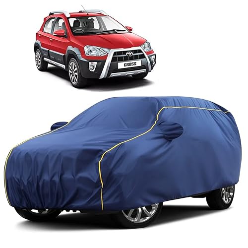 Image of Sulfar 100% Water Resistant Car Body Cover Compatible with Mirror for Toyota Etios Cross (Triple Stitched, Full Bottom Elastic, Blue Taffeta with Yellow Piping)