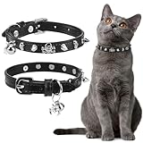 EXPAWLORER Halloween Cat Collar for Girl Boy- Adjustable Leather Pet Collar with Safety Elastic Belt,Personalized Punk Accessories Buckle Collars with Bell & Durable D-Ring, Rivet (Black)