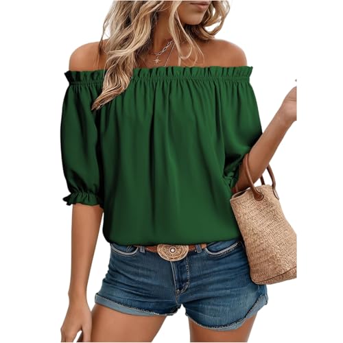 Image of Off The Shoulder Peplum Tops for Women Bardot Blouse Puff Short Sleeve Ruffle Trim Top UK Casual Loose Fit Elegant Going Out Chiffon Cotton Tops Holiday Beachwear Dark Green M