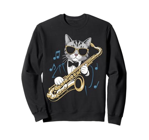 Stylish Cat Playing Saxophone with Notes Funny Music Sudadera