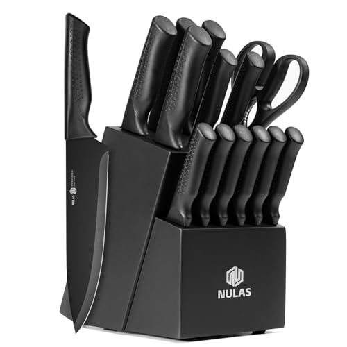 NULAS Knife Set, 15-Piece Kitchen Knife Set with Block and Built-in Sharpener, Dishwasher Safe, Non-slip Handle, 6 Steak Knives, Black