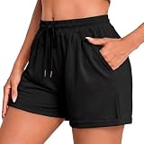 Litherday Pantalones Cortos Mujer Verano Algodón Shorts Deportivos con Dobladillo Cintura Alta con Cordón Pantalón Casual Cómodo para Fitness Yoga Correr Casa Negro XXL