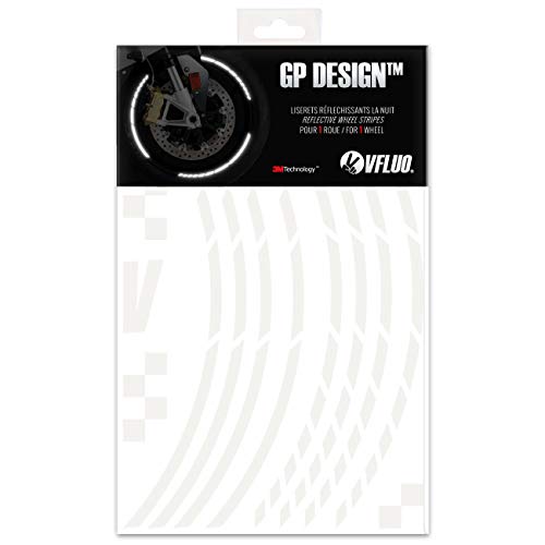 VFLUO GP Designu0099, Kit Bandes Jantes Moto rétro réfléchissantes (1 Roue), 3M Technologyu0099, Liseret Largeur Normale : 7 mm, Blanc/Argenté