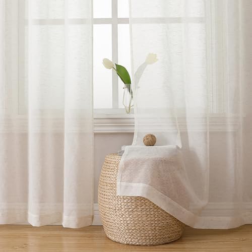 Simplebrand Natural Linen Textured Sheer Curtains 84 inches Lengt...