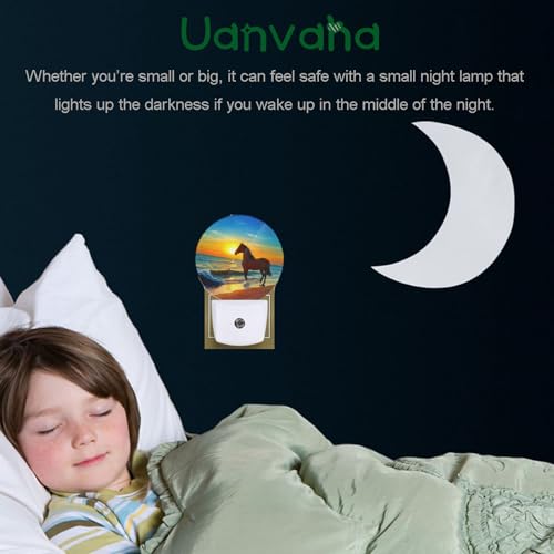 Image of Beautiful Sunset Nightlight Brown Horse Running by The Sea Night Lights Plug into Wall Dusk to Dawn Sensor Round Night Light for Adults Boys Girls, 0.5W Energy Efficient