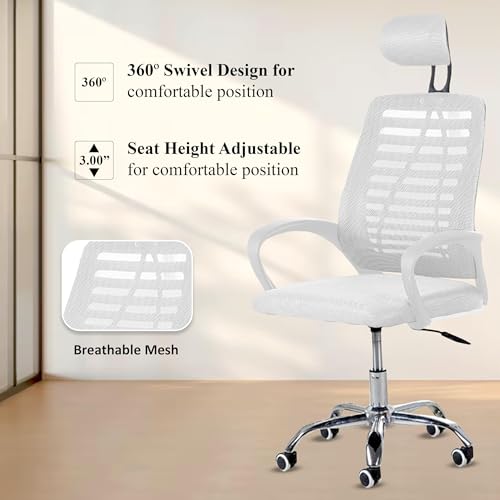 Image of Mesh Office Desk Chair,Rocking Ergonomic Computer Chair Adjustable High with Headrest and Comfortable Armrest Swivel - White & White Handle