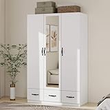 ModMakers 74.2' H Mirror 3 Doors Closet Wardrobe 3 Drawers White Wood Wardrobe Closet Armoire Freestanding Bedroom Closet Cabinet Armoire with Hanging Rod Wooden Clothes Storage Organizer