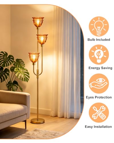 Image of Lightdot 66IN 3-Lights Modern Glass Floor Lamp Gold Dimmable Floor Lamps with 3000K Warm White Bulbs for Wedding Party Tall Standing Lamp with Deep Red Glass Shade for Living Room /Bedroom /Home Decor
