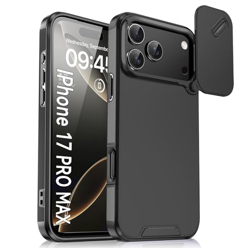 Luhuanx Funda para iPhone 17 Pro Max, con cubierta de lente de cámara deslizante + protector de pantalla, resistente a los golpes militares (negro)