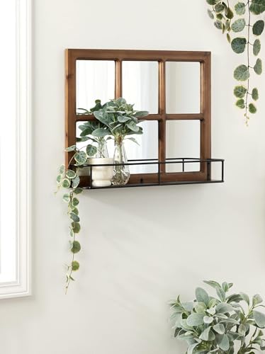 J.L.HOME DECOR Solid Wood Windowpane Mirror with Metal Shelf, 24x18 Inches | Wall Decoration | Bedroom | Living Room | Vintage Style | Handmade Rustic Mirror Frame