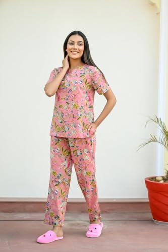 Image of SANSKRUTIHOMES Women's Premium 100% Cotton Printed Co-Ord Set | Short Sleeve Shirt & Pant Set | Pink Checkered Sun & Palm Tree Print | Casual Summer Resortwear, Vacation Wear & Comfortable Loungewear