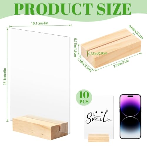 Image of Bercoor 10 Pack 4x6 Inch Blank Clear Acrylic Sign with Wooden Stands, Rectangle Top Acrylic Sheet, DIY Acrylic Rectangle Table Numbers for DIY Name Card Gifts Event Party Sign Decoration
