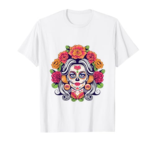 Dia De Los Muertos Floral Sugar Skull La Catrina Mujer Chica Camiseta