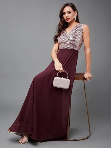 Image of Miss Chase Women's Round Neck Sleeve Embellished Fit Flare Maxi Dress