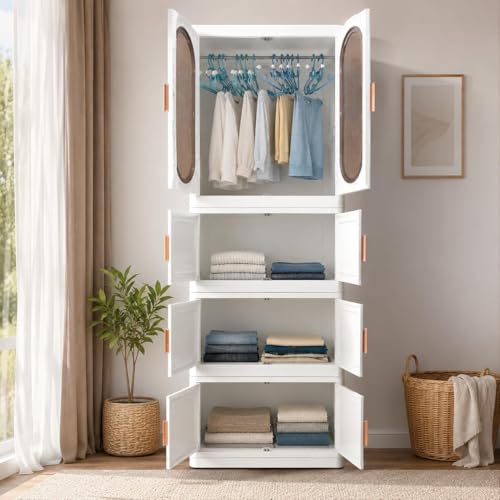 Image of Plastic Wardrobe for Cloths | 4 Layer Stackable Almirah with Hanging Rod, Transparent Doors, Wheels | Foldable Storage Cabinet Organizer for Clothes /Books /Toys