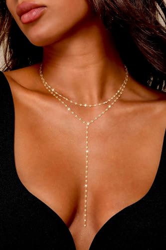 Lariat Gold Necklaces for Women, Dainty 14k Gold Plated Long Layered Chain Necklace Trendy Y-Shaped Pendant Necklace Statement Charm Jewelry for Women Gift2