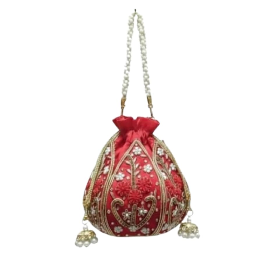 Red Satin Bag for Women – Embroidered Bridal Clutch with Pearl Handle & Tassels – Traditional Indian Wedding Handbag – Ethnic Party Drawstring Pouch.-image-29