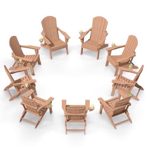 Image of Plawdlik Folding Adirondack Chair 9-piece Set, Cup Holder, Teak | pin-free folding, 38-in tall back, Wood-grain All-weather HDPE; for fire pit, poolside, deck, backyard, patio