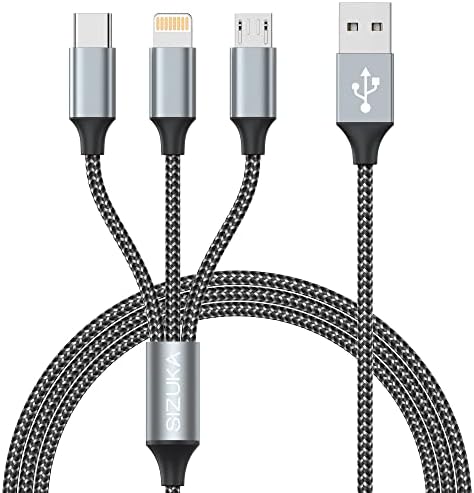 SIZUKA Charger Cable, Multi Charger Cable [1.2M] 3 in 1 Multiple USB Cable Nylon Braided with iPhone Micro USB Type C Cable Connector for iPhone, Android Samsung, Huawei, Nexus, Nokia,LG, Sony, PS4